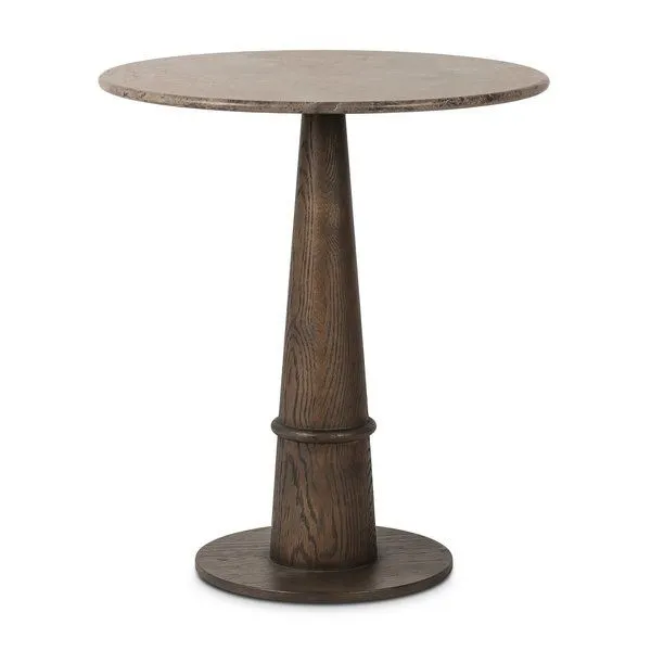 Goetz Bar + Counter Table with light grey solid marble round top and brown oak tulip-shaped base