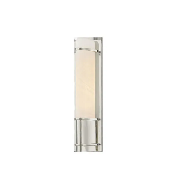 Tottenville Wall Sconce with slim triangular matte cloud glass shade and brushed metal frame in vertical orientation