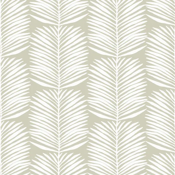 Close-up of white seagrass leaf pattern on beige matte wallpaper