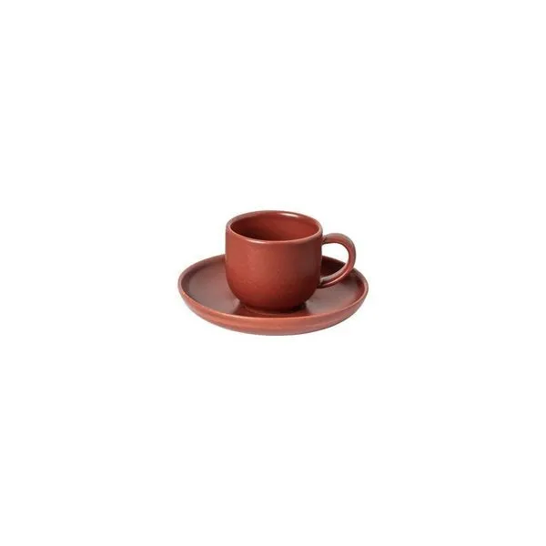 Set of 6 cayenne-colored stoneware coffee cups and saucers with round handles and smooth matte finish
