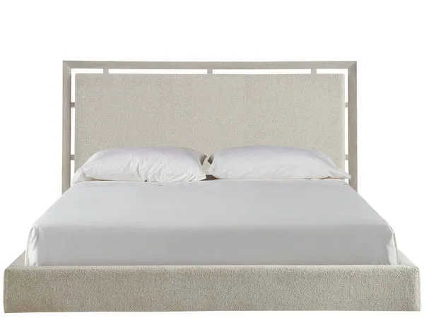 Kendall Panel Bed with fully upholstered beige fabric and subtle linear details on headboard