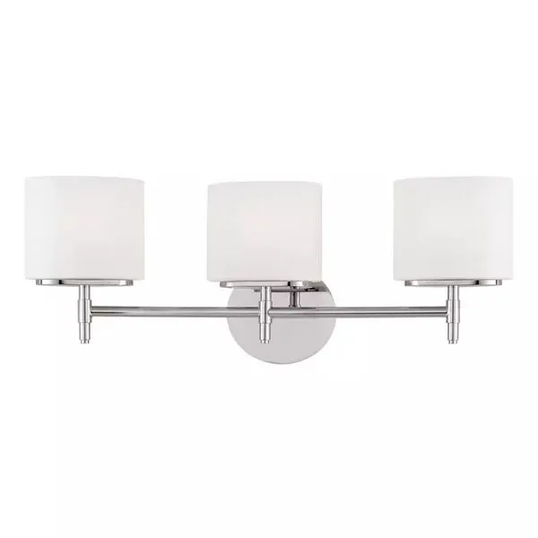Three-light bath bracket with matte opal glass oval shades and polished metal oval backplate and bars