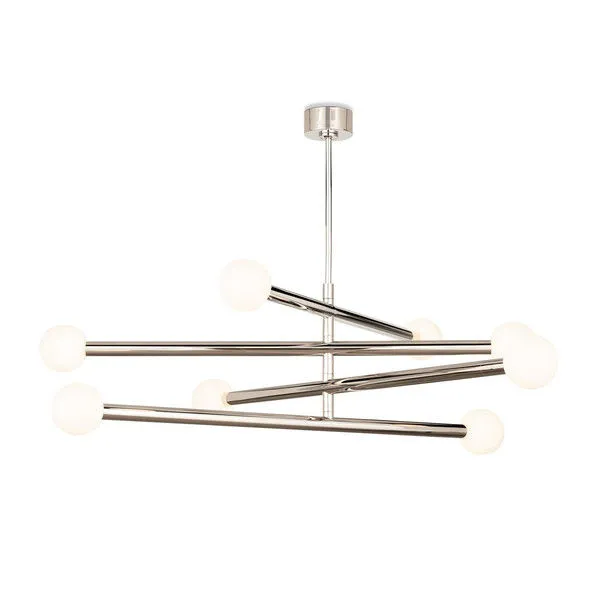 Modern Beaubien Chandelier with four swiveling polished metal arms and white globe bulb covers