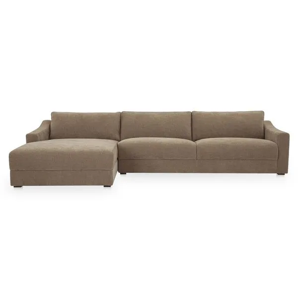 Taupe chenille Farrow Sectional with oversized fiber-filled cushions, sloped arms, and piped edges on hidden base