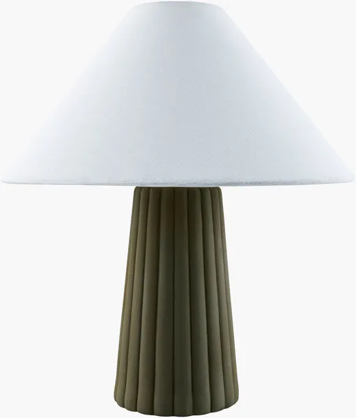 Conju accent table lamp with olive green ribbed ceramic base and white linen conical shade