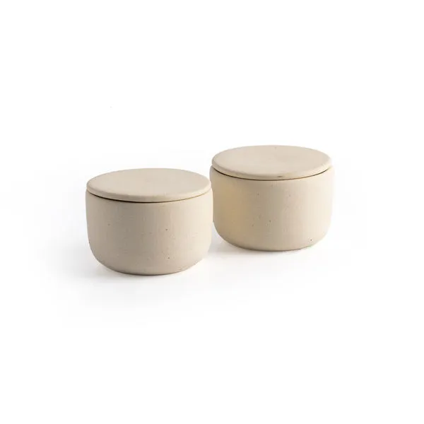 Set of two soft cream matte finish ceramic salt jars with lids, handcrafted with natural speckled texture