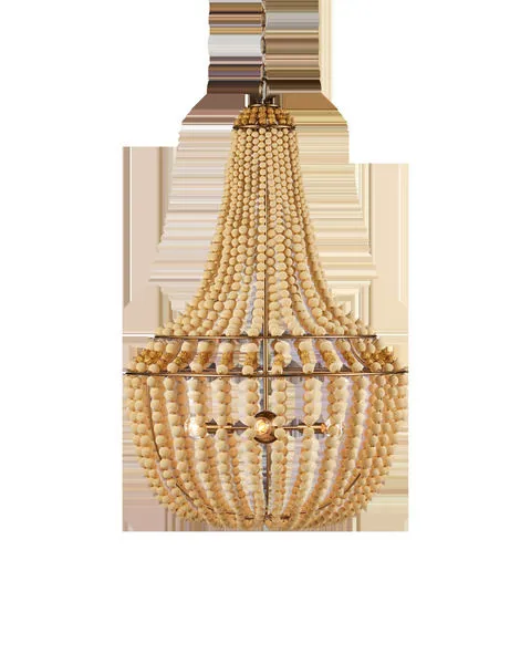 Penelope Beige Chandelier with antique brass finish, beige silken fabric beads, and golden nugget metal beads in empire shape