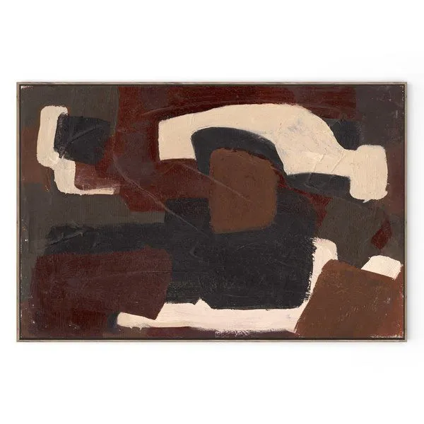Abstract painting with bold black, brown, and cream shapes offset on textured canvas