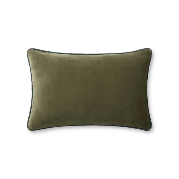 elongated olive green velvet throw pillow with piped edges in contrasting dark color