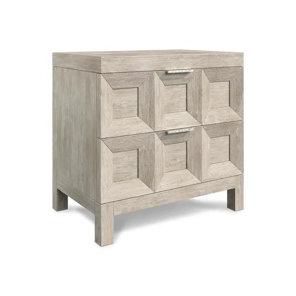Prado nightstand with two pull-to-open drawers featuring geometric cast resin overlays in a tawny finish