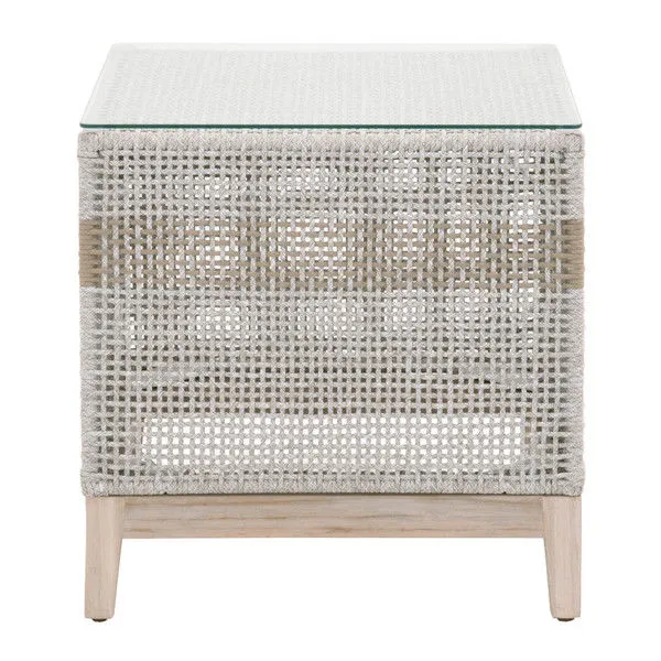 Square outdoor side table with tempered glass top, powder-coated frame wrapped in taupe and white woven rope with solid ta...