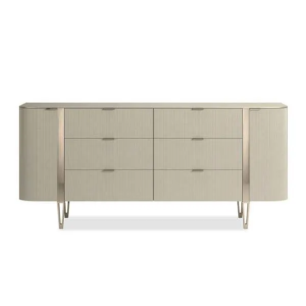 Love At First Sight 78-inch dresser in glowing Oracle gold with six center drawers, two curved end doors, and whisper of g...