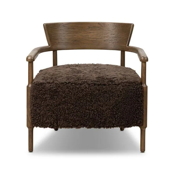 Bennett Chair in cocoa shearling with solid oak frame and curved backrest, square plush seat