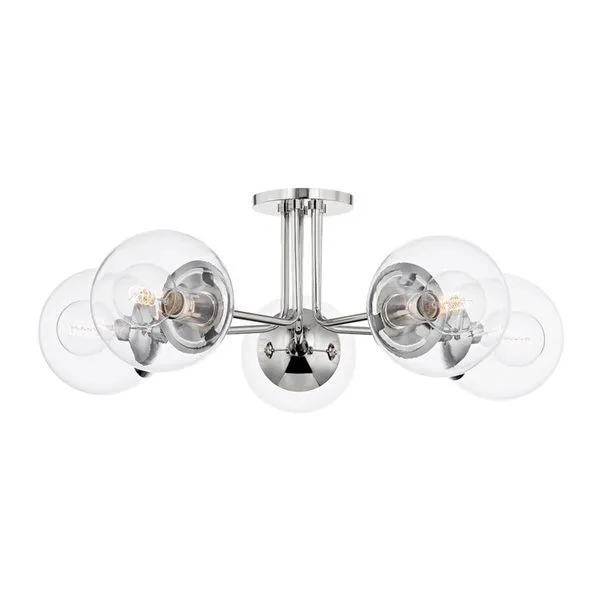 Modern 5-light semi flush ceiling fixture with clear glass globes and polished chrome steel arms