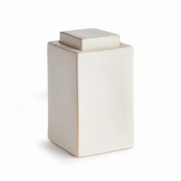 Creamy white rectangular Ophelia Jar with fitted decorative square lid and subtle brown edges