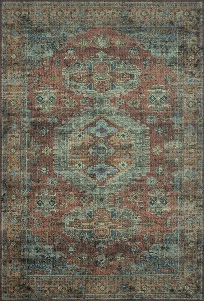 Traditional rectangular rug with terracotta base, blue and beige ornate medallion pattern, and textured faded look