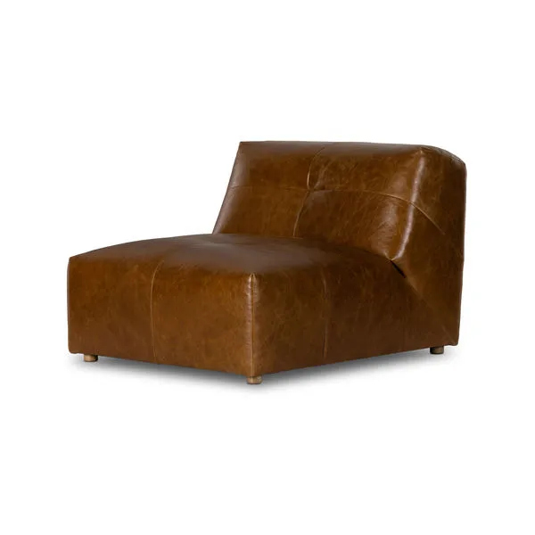 Armless vintage-style accent chair in soft camel top-grain leather with low profile and stitched seat and back