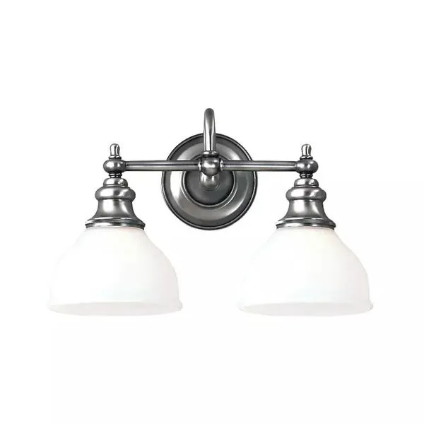 Two-light bath bracket with tube-shaped brushed nickel arms and white opal glass shades, classic sculpted socket holders