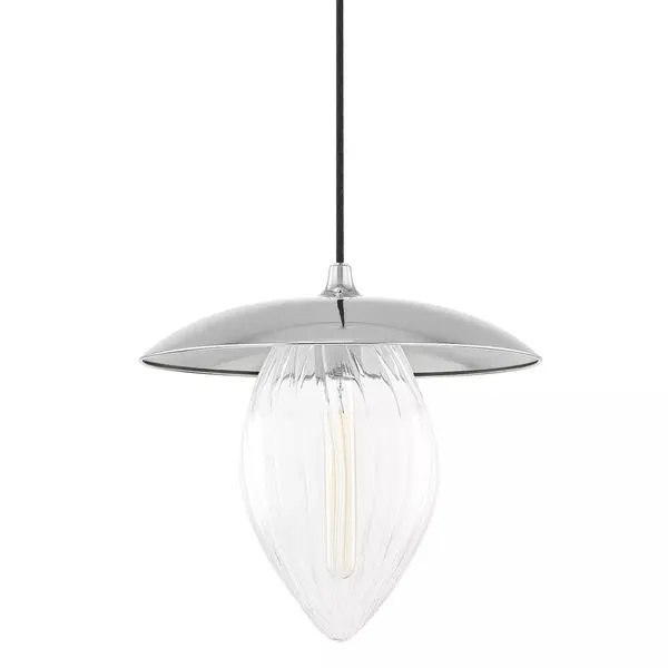 Large pendant light with brushed nickel round flat shade and ribbed clear glass teardrop diffuser