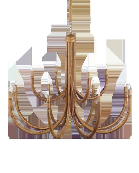 Large curved rattan chandelier with 12 candle-style lights and saddle tan hardware