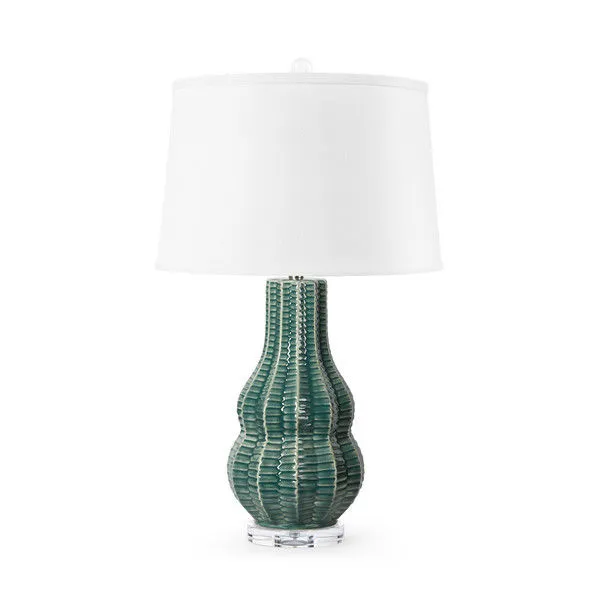 Quinn Lamp with veridian green glazed ceramic base featuring textured vertical ridges and white drum shade