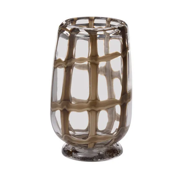 Rounded cylinder glass vase with smoky dark green hue and organic plaid-like swirl pattern inside