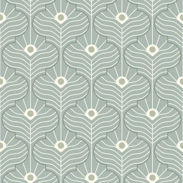 Moroccan Peacock pattern wallpaper with powder ash background and matte finish featuring white and light gray stylized pea...