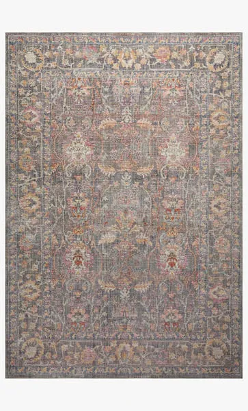 Rosemarie Stone Multi Rug with antique-inspired ornate pattern in muted stone gray with soft pastel accents