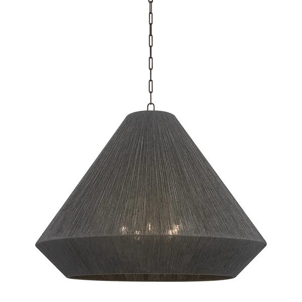 Keats Pendant with large conical shade made of woven dark jute threads and visible inner candle cluster lighting