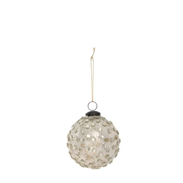 4 inch round glass ornament with raised mosaic glass pieces and a gold hanging string