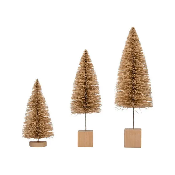 Three cream bottle brush trees of varying heights with natural wooden bases
