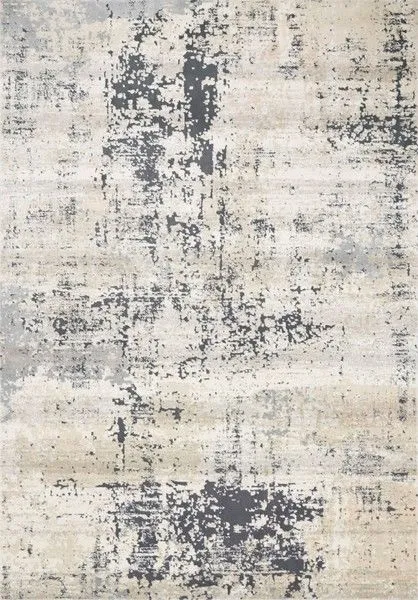 Lucia Granite Rug with abstract distressed pattern in light gray, beige, and dark charcoal on 6'8" x 8'8" power-loomed pol...
