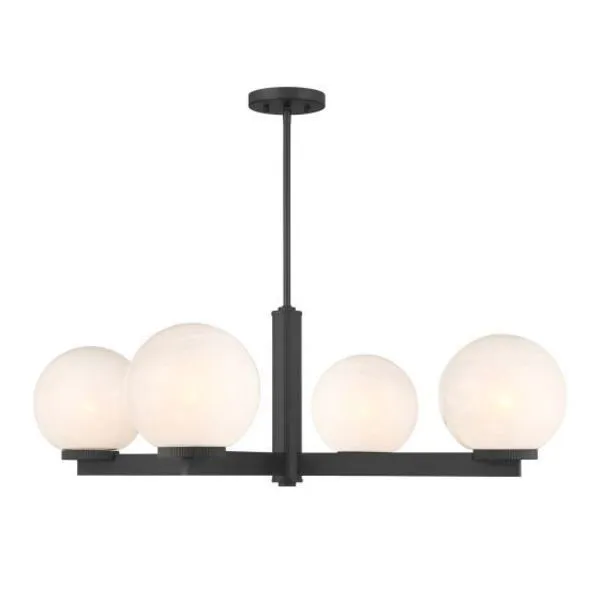 4-light chandelier with matte black slim straight arms and strie glass orbs with swirling patterns