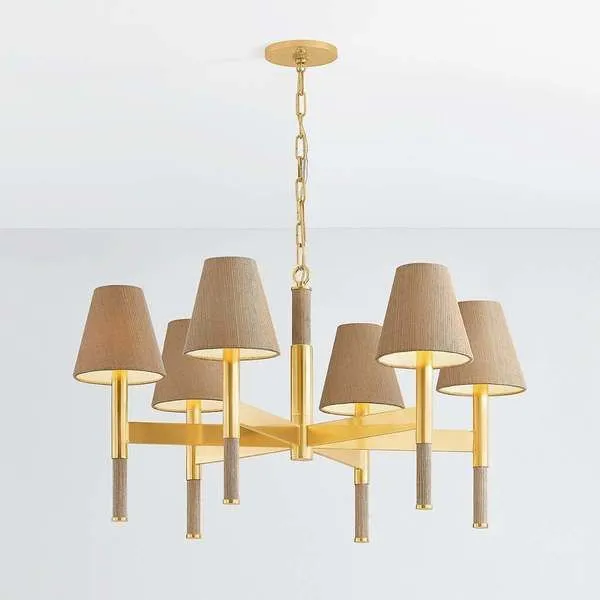 Lindenwood chandelier with aged brass frame and grasscloth-covered six light shades on stems
