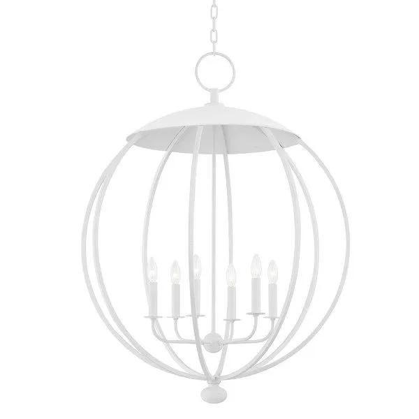 Wesley 6 Light Pendant chandelier with six candle-style lights enclosed in a spherical steel frame with a matte white finish