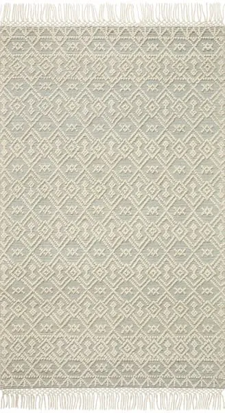 Noelle Ivory / Blue Rug with tonal geometric pattern and fringed edges, hand-woven blend of cotton, polyester, wool, and r...