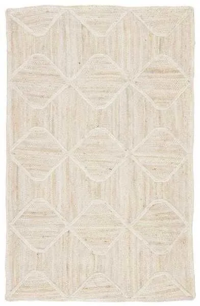 Top-down view of rectangular rug fully spread showing ivory and beige geometric trellis design and natural fiber weave