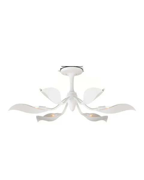 Snowflower Semi-Flush Mount ceiling light with white wrought iron petals curling upward around exposed bulbs