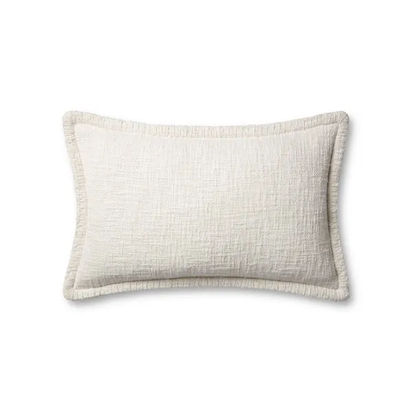 Ivory rectangular pillow with textured fabric and subtle ruffled edging, size 13 by 21 inches