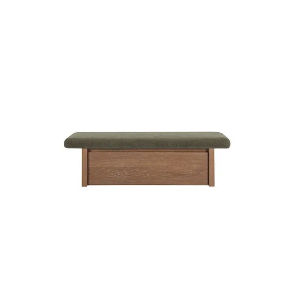Gemma Storage Bench with soft muted green chenille cushioned top and walnut wood base with storage drawer