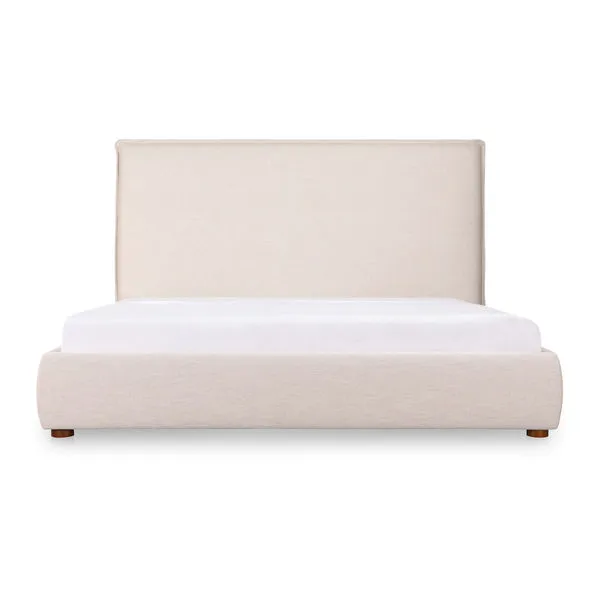 Luzon tall headboard bed in neutral linen blend upholstery with padded headboard and low-profile frame