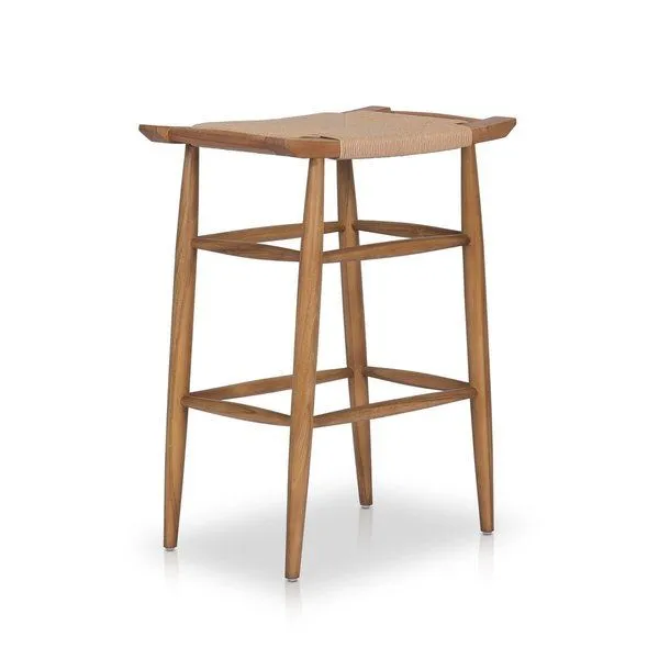 Robles Outdoor Dining Stool with tapered solid teak legs and all-weather wicker seating in French primitive style