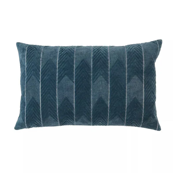 Dusty blue lumbar pillow with embroidered chevron pattern on cotton velvet front
