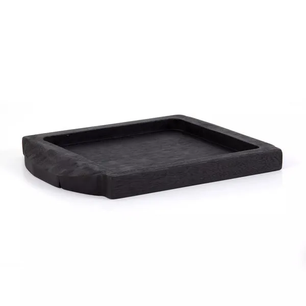 Black-finished reclaimed wood squared tray with wide handles and slightly rounded edges