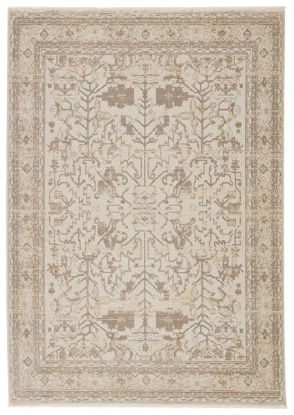 Valentin Oriental Rug in cream, light gray, taupe with distressed botanical vintage-inspired pattern and metallic accents.