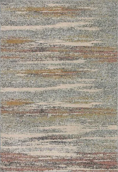 Bowery Pebble Multi Rug with horizontal contemporary pattern in muted colors including gray, beige, rust, and yellow