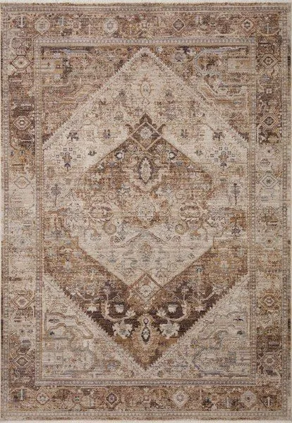 Traditional Lyra Natural / Mocha rug with a central medallion and watercolor effect in soft mocha and beige tones