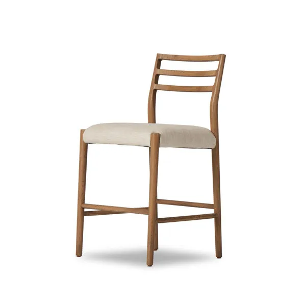 Ladderback counter stool in smoked oak with a squared cotton-linen blend natural light seat
