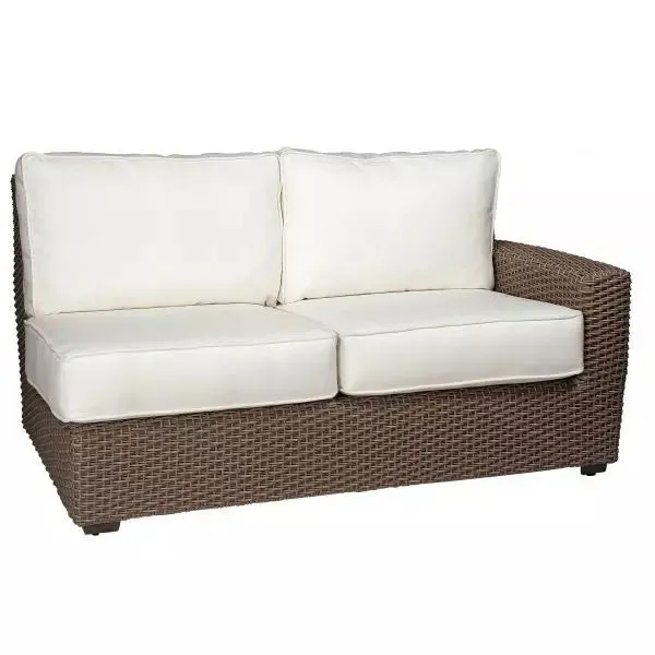Augusta right arm facing love seat sectional with brown woven HDPE frame and white cushions