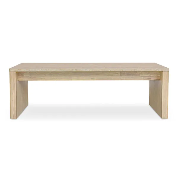 Daydream Sectional coffee table with natural wood base and beige stone top, clean lines and rectangular shape